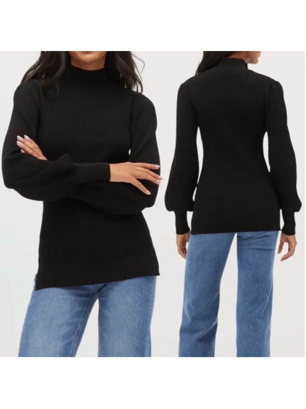 New Hill House Sylvie 100% Merino Wool Oversized Puff Sleeve Black Sweater XL